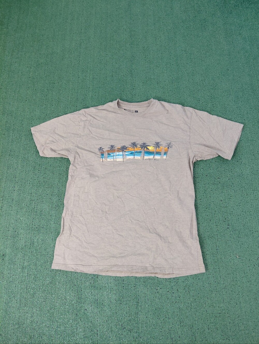 Newport Blue Beach Scene Ocean Palm Trees Tan T Shirt Sz XL